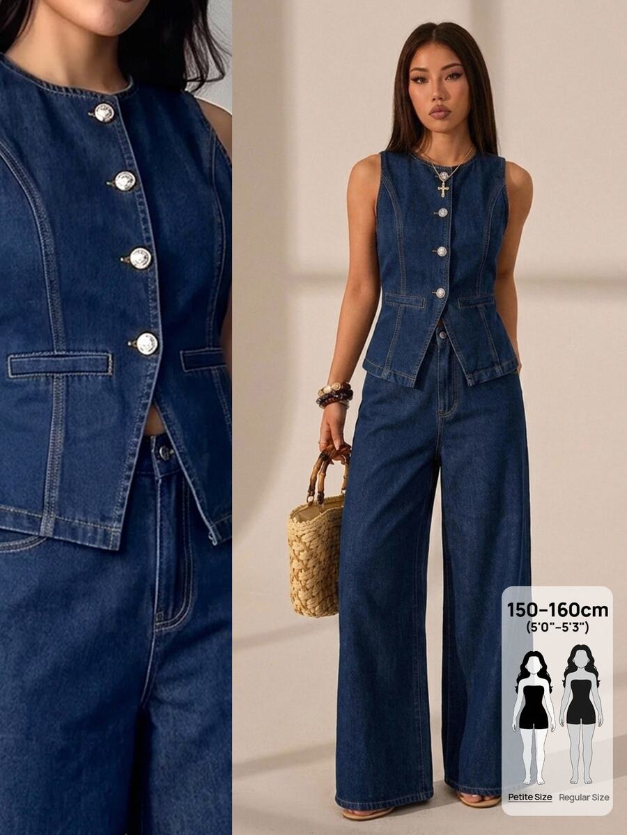 SHEIN PETITE Women's Fashion Button-Up Top And Loose Wide-Leg Jeans Set - Blue - View 1