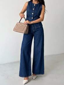 SHEIN PETITE Women's Fashion Button-Up Top And Loose Wide-Leg Jeans Set - Blue - View 8