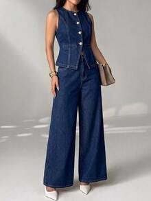 SHEIN PETITE Women's Fashion Button-Up Top And Loose Wide-Leg Jeans Set - Blue - View 6