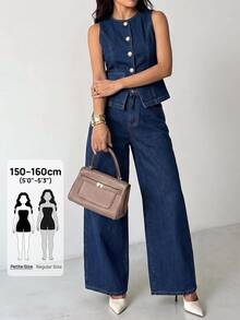 SHEIN PETITE Women's Fashion Button-Up Top And Loose Wide-Leg Jeans Set - Blue - View 7