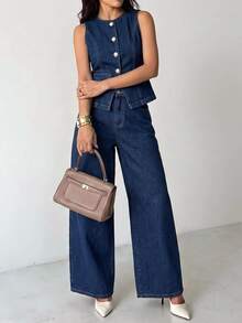 SHEIN PETITE Women's Fashion Button-Up Top And Loose Wide-Leg Jeans Set - Blue - View 4