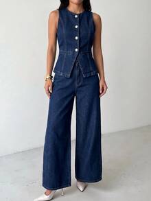 SHEIN PETITE Women's Fashion Button-Up Top And Loose Wide-Leg Jeans Set - Blue - View 9