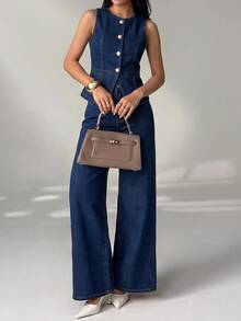 SHEIN PETITE Women's Fashion Button-Up Top And Loose Wide-Leg Jeans Set - Blue - View 5