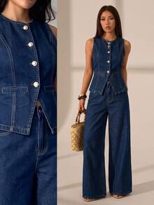 SHEIN PETITE Women's Fashion Button-Up Top And Loose Wide-Leg Jeans Set - Blue - View 10