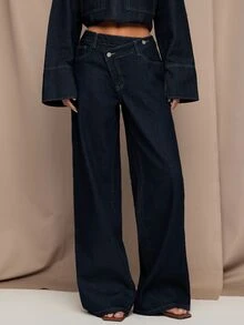 SHEIN Tall 女款休閒百搭日常旅行牛仔褲，附口袋與鈕扣，牛仔女裝套裝，海軍藍牛仔褲，女款工作裝，秋季 - 藍色 - 查看 3