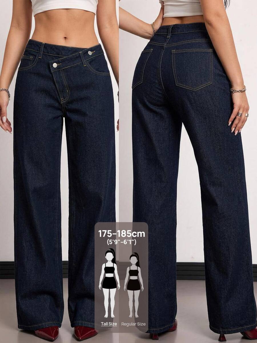 SHEIN Tall 女款休閒百搭日常旅行牛仔褲，附口袋與鈕扣，牛仔女裝套裝，海軍藍牛仔褲，女款工作裝，秋季
