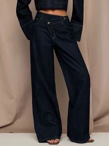 SHEIN Tall 女款休閒百搭日常旅行牛仔褲，附口袋與鈕扣，牛仔女裝套裝，海軍藍牛仔褲，女款工作裝，秋季 - 藍色 - 查看 7