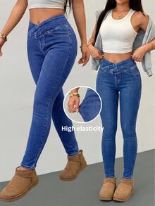 SHEIN PETITE 小碼女款休閒水洗修身牛仔褲 女牛仔風套裝 夏季節慶穿搭 外出辦公通勤 水藍色 - 藍色 - 查看 10