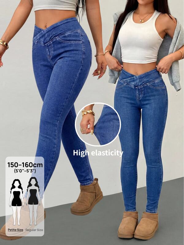 SHEIN PETITE Petite Women's Casual Washed Slim Fit Jeans Cowgirl Outfits For Women Summer Festival Outfits For Women Going Out Office Go Out Aqua Blue