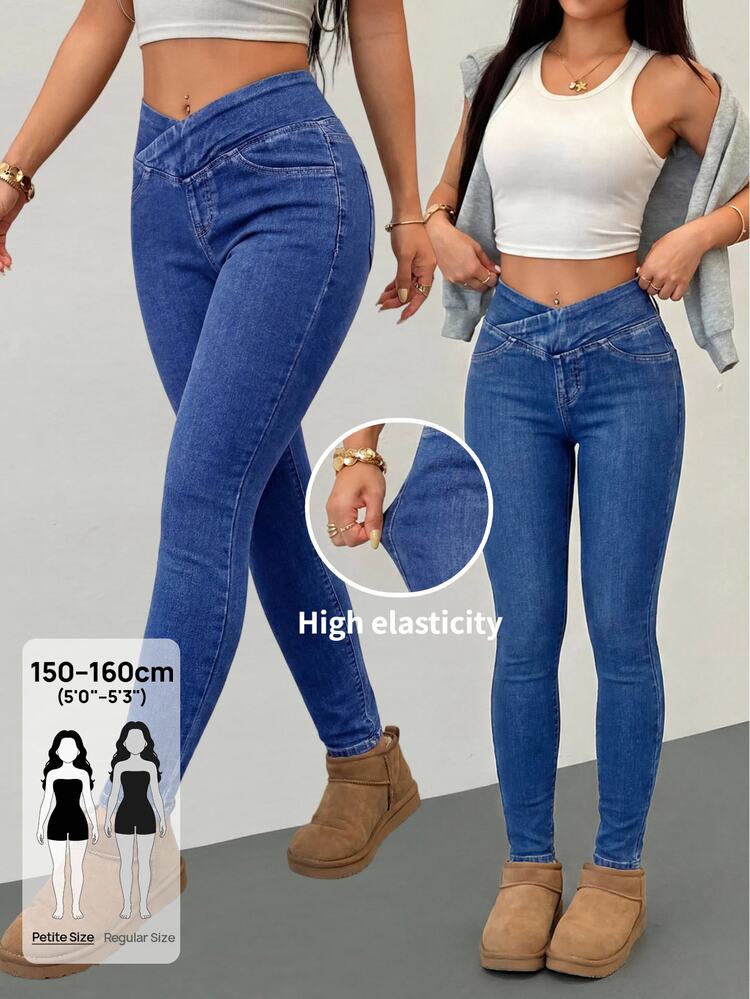 SHEIN PETITE Jeans Slim Fit Kasual Wanita Ukuran Petite, Pakaian Gaya Cowgirl untuk Wanita, Pakaian Festival Musim Panas untuk Wanita, Pakaian untuk Pergi ke Kantor, Warna Biru Aqua - Biru - View 1