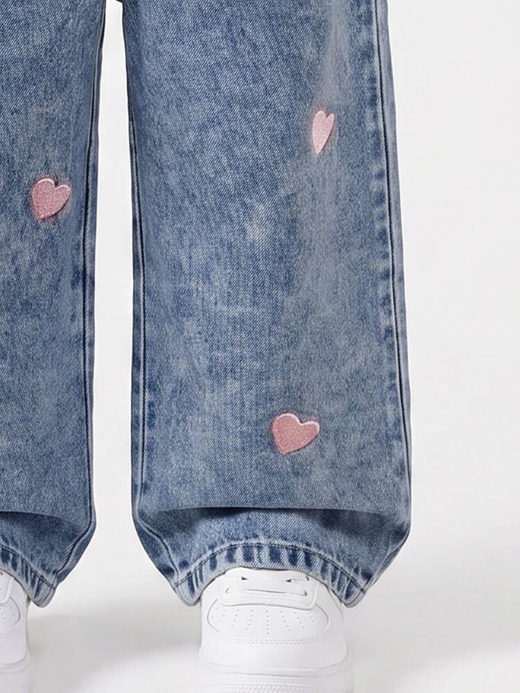 SHEIN Genkimix Kids Young Girl Denim Overalls Cowgirl Western Medium Blue Pink Heart Embroidery 3D Large Bow Straight Loose Soft Comfortable Daily Vacation Summer - Medium Wash - View 6
