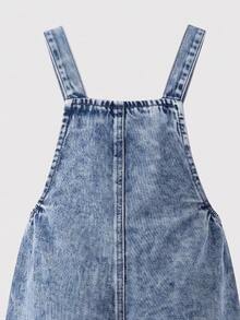 SHEIN Genkimix Kids 女童牛仔吊帶褲 牛仔女郎西式風 中藍色 粉色愛心刺繡 3D大蝴蝶結 直筒寬鬆 柔軟舒適 日常度假夏季款 - 中等水洗藍 - 查看 6