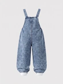 SHEIN Genkimix Kids 女童牛仔吊帶褲 牛仔女郎西式風 中藍色 粉色愛心刺繡 3D大蝴蝶結 直筒寬鬆 柔軟舒適 日常度假夏季款 - 中等水洗藍 - 查看 3