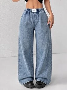 SHEIN PETITE 小碼女款彈性腰休閒百搭牛仔褲 牛仔女裝 夏季外出辦公派對穿搭 水藍色 - 藍色 - 查看 4