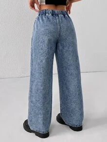 SHEIN PETITE 小碼女款彈性腰休閒百搭牛仔褲 牛仔女裝 夏季外出辦公派對穿搭 水藍色 - 藍色 - 查看 3