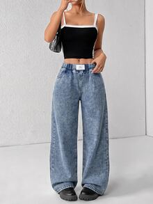 SHEIN PETITE 小碼女款彈性腰休閒百搭牛仔褲 牛仔女裝 夏季外出辦公派對穿搭 水藍色 - 藍色 - 查看 5
