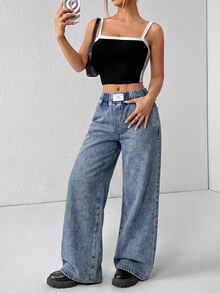 SHEIN PETITE 小碼女款彈性腰休閒百搭牛仔褲 牛仔女裝 夏季外出辦公派對穿搭 水藍色 - 藍色 - 查看 6
