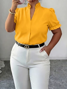Elenzga Plus Size Premium Elegant Commuter Solid Color Lapel Shirt - Yellow - View 3
