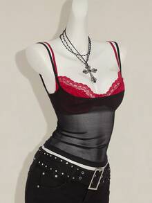SHEIN ICON 2pcs/Set Women's Red Sheer Camisole & Black Lace Spaghetti Strap Top - Multicolor - View 7