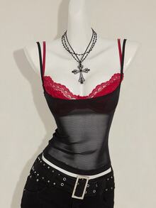 SHEIN ICON 2pcs/Set Women's Red Sheer Camisole & Black Lace Spaghetti Strap Top - Multicolor - View 3