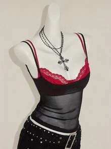 SHEIN ICON 2pcs/Set Women's Red Sheer Camisole & Black Lace Spaghetti Strap Top - Multicolor - View 8