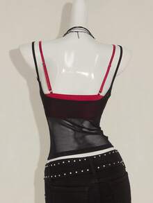 SHEIN ICON 2pcs/Set Women's Red Sheer Camisole & Black Lace Spaghetti Strap Top - Multicolor - View 2