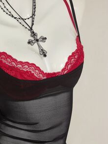 SHEIN ICON 2pcs/Set Women's Red Sheer Camisole & Black Lace Spaghetti Strap Top - Multicolor - View 4
