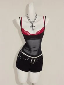 SHEIN ICON 2pcs/Set Women's Red Sheer Camisole & Black Lace Spaghetti Strap Top - Multicolor - View 6