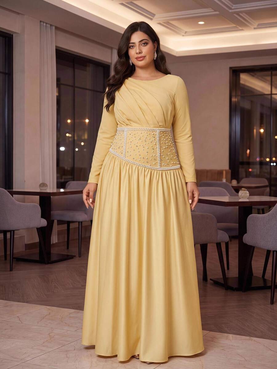 Aureia فستان سهرة أنيق رومانسي فاخر باللون الأصفر برقبة دائرية وأكمام طويلة وخصر مشدود بتصميم مطوي وتطريز كمبيوتر مع أحجار الراين وتجاعيد بتصميم A-Line مناسب لحفلات السهرة والمواعيد والرقص والعطلات وحفلات الزفاف والفعاليات مع عمل ثقيل