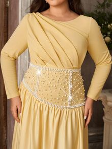 Aureia فستان سهرة أنيق رومانسي فاخر باللون الأصفر برقبة دائرية وأكمام طويلة وخصر مشدود بتصميم مطوي وتطريز كمبيوتر مع أحجار الراين وتجاعيد بتصميم A-Line مناسب لحفلات السهرة والمواعيد والرقص والعطلات وحفلات الزفاف والفعاليات مع عمل ثقيل - أصفر - مشاهدة 6