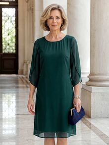EMERY ROSE Elegant Slit Sleeve Design Dress For Middle-Aged And Elderly Women - Dark Green - View 6