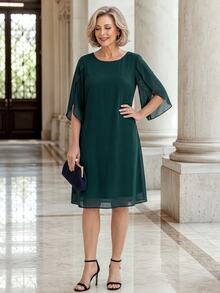 EMERY ROSE Elegant Slit Sleeve Design Dress For Middle-Aged And Elderly Women - Dark Green - View 4