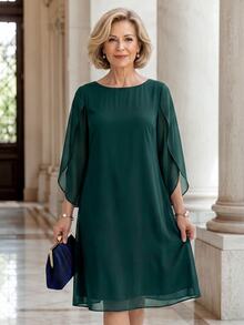 EMERY ROSE Elegant Slit Sleeve Design Dress For Middle-Aged And Elderly Women - Dark Green - View 1