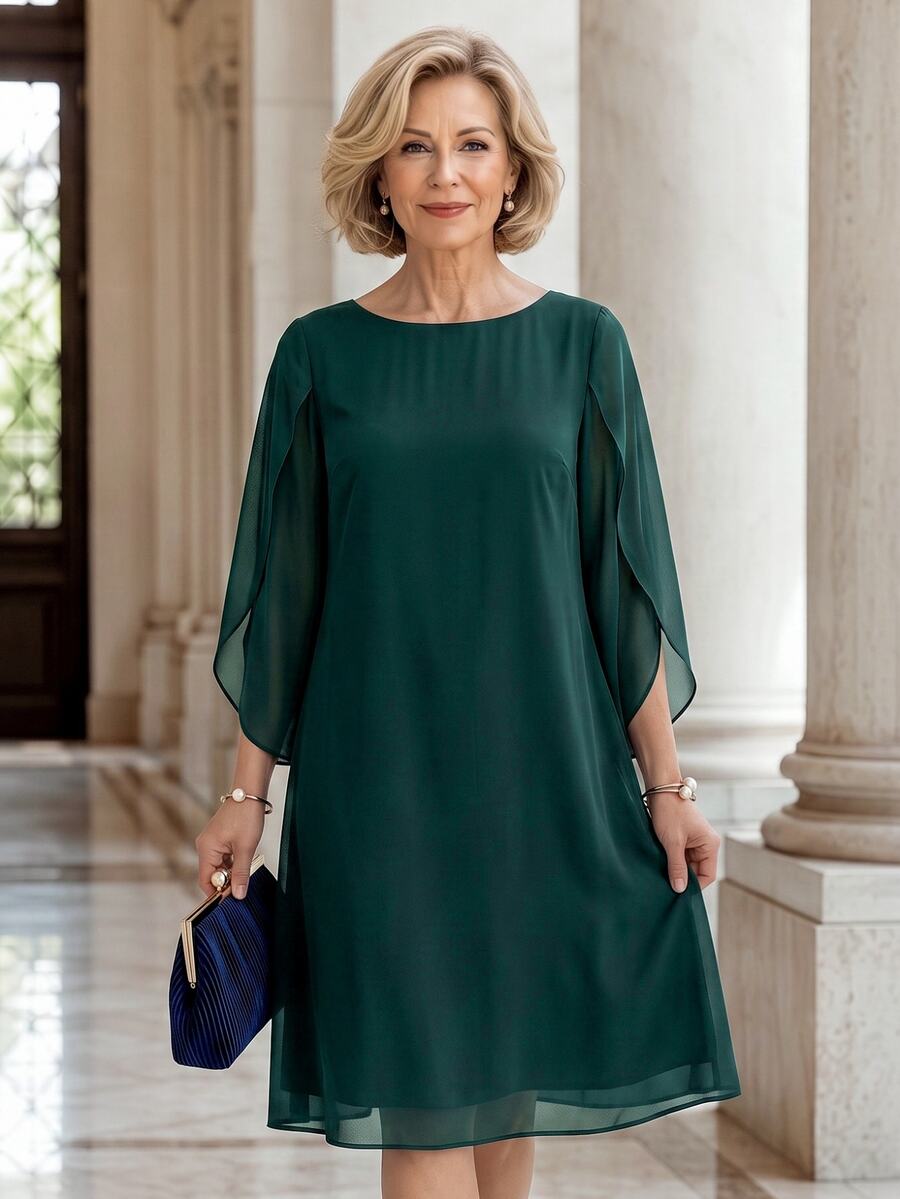 EMERY ROSE Elegant Slit Sleeve Design Dress For Middle-Aged And Elderly Women - Dark Green - View 1