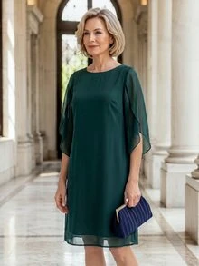 EMERY ROSE Elegant Slit Sleeve Design Dress For Middle-Aged And Elderly Women - Dark Green - View 5