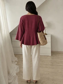 Elenzga 女款純色V領休閒百搭日常穿著襯衫 - 酒紅色 - 查看 2