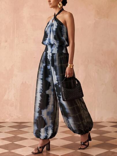 Zivah New Women's Elegant Blue & Black Abstract Plaid Print Chiffon Halter Neck Jumpsuit, Palace Style Vintage Romantic Bohemian Holiday Loose Fit