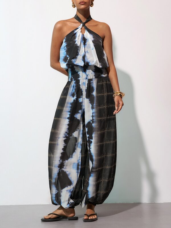 Zivah New Women's Elegant Blue & Black Abstract Plaid Print Chiffon Halter Neck Jumpsuit, Palace Style Vintage Romantic Bohemian Holiday Loose Fit