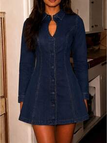 Zerodot Women Dark Wash Denim With Keyhole Detail Mini Dress Vacation Party Spring Fall - Dark Wash - View 3