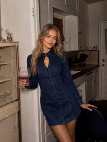 Zerodot Women Dark Wash Denim With Keyhole Detail Mini Dress Vacation Party Spring Fall - Dark Wash - View 1