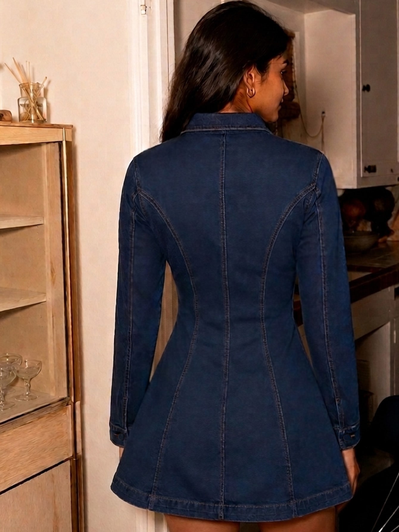 Dark Wash Denim With Keyhole Detail Mini Dress, view 2