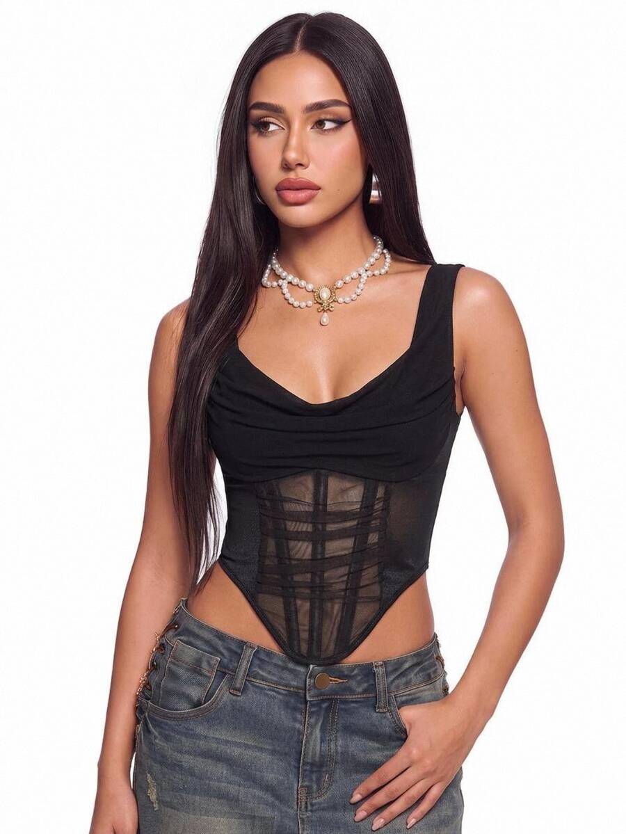 SHEIN ICON Mesh Plunging Neckline Sheer Fishbone Bralette Lace Up Top - Black - View 1