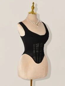 SHEIN ICON Mesh Plunging Neckline Sheer Fishbone Bralette Lace Up Top - Black - View 7