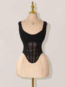 SHEIN ICON Mesh Plunging Neckline Sheer Fishbone Bralette Lace Up Top - Black - View 10