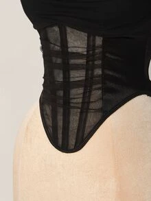 SHEIN ICON Mesh Plunging Neckline Sheer Fishbone Bralette Lace Up Top - Black - View 6