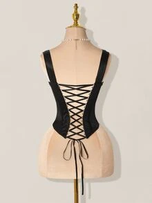 SHEIN ICON Mesh Plunging Neckline Sheer Fishbone Bralette Lace Up Top - Black - View 2
