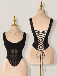 SHEIN ICON Mesh Plunging Neckline Sheer Fishbone Bralette Lace Up Top - Black - View 3