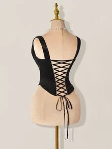 SHEIN ICON Mesh Plunging Neckline Sheer Fishbone Bralette Lace Up Top - Black - View 8