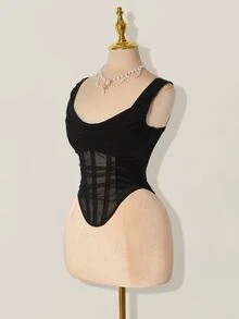 SHEIN ICON Mesh Plunging Neckline Sheer Fishbone Bralette Lace Up Top - Black - View 5