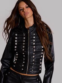 MUSERA Black And Silver PU Military Style Jacket Fall Going Out Night Out Concert Halloween Cool Girl Furiosa Streetwear - Black - View 5